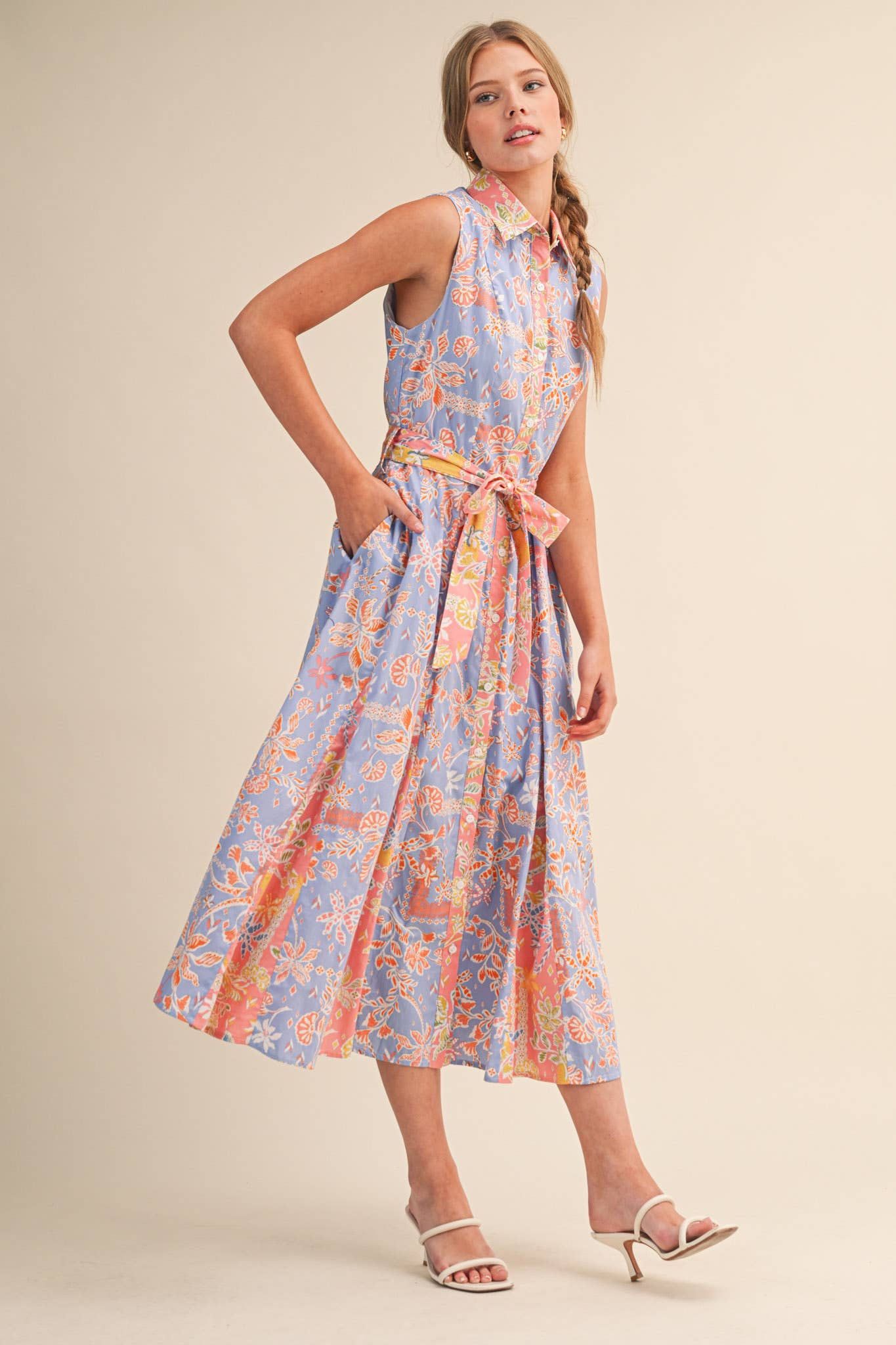 MIXED FLORAL PRINT BELTED BUTTON DOWN MIDI DRESS MDR4733