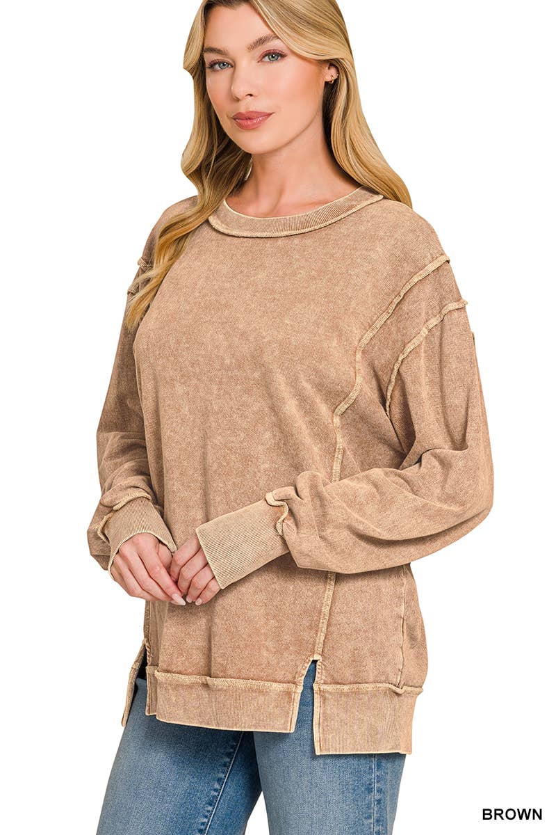 Halo Washed F/Terry Exposed Seam Sweatshirt  - Zenana