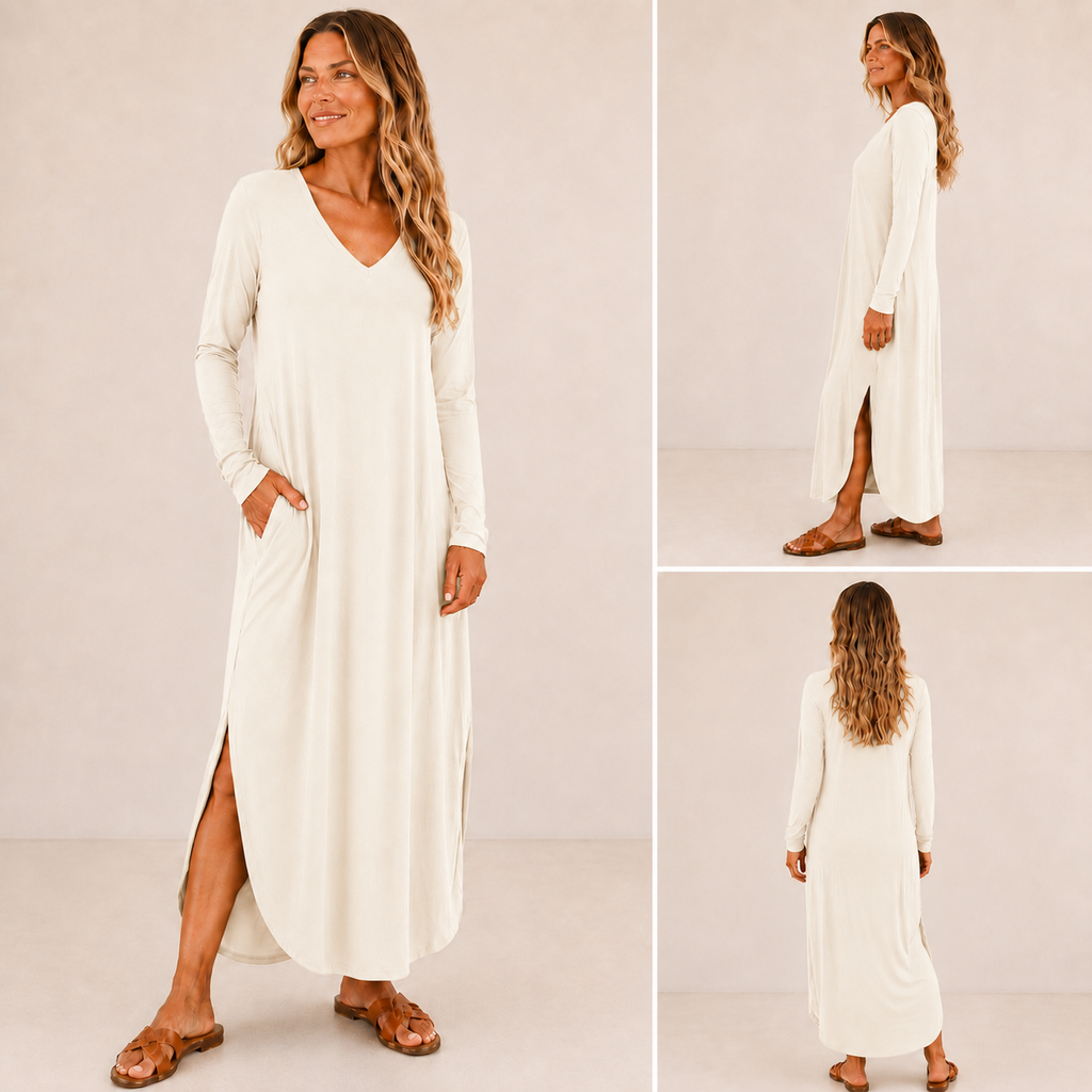 Long Sleeve V Neck Maxi Dress with Pockets, Side Slits