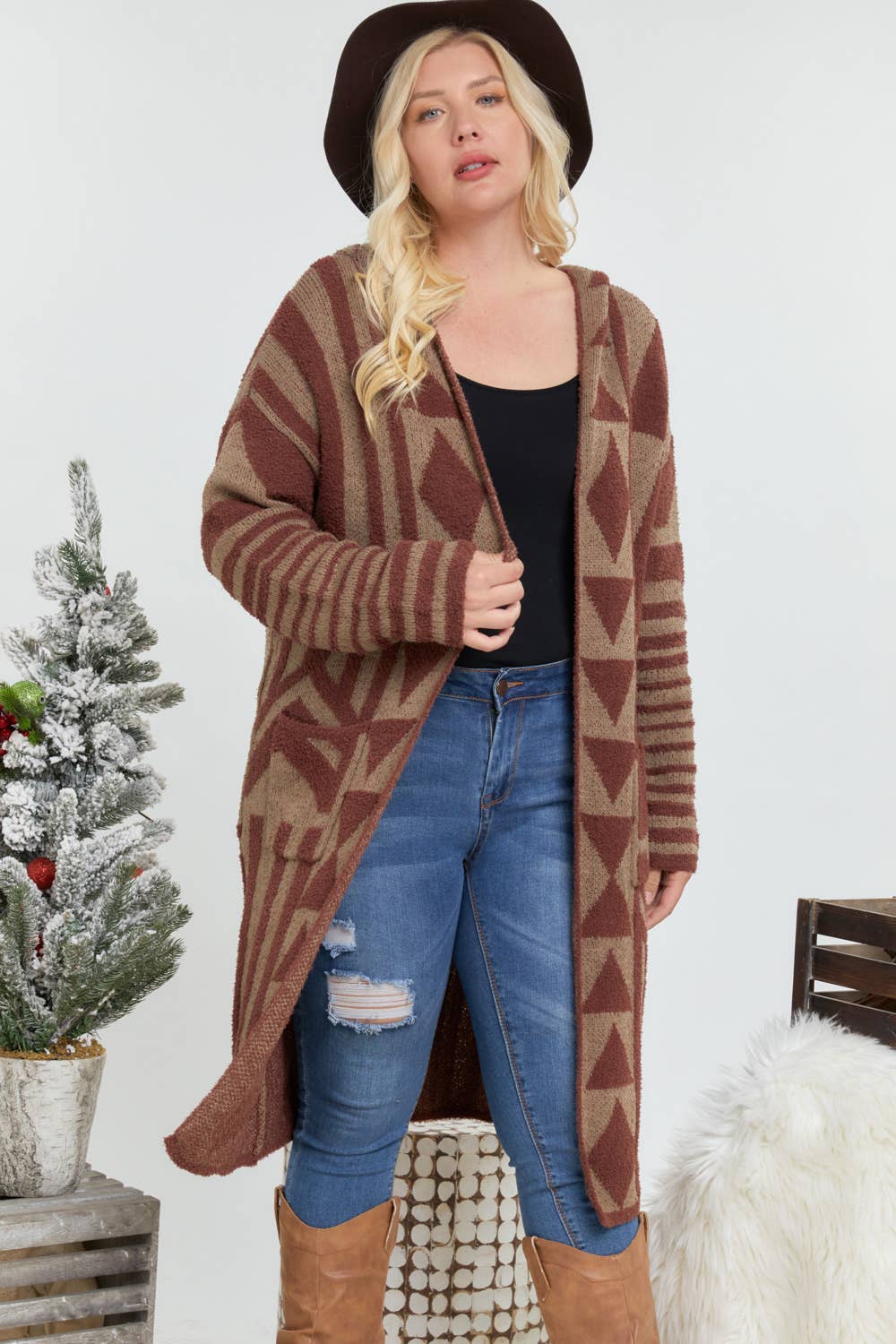Plus - Aztec Pattern Knit Longline Hooded Cardigan
