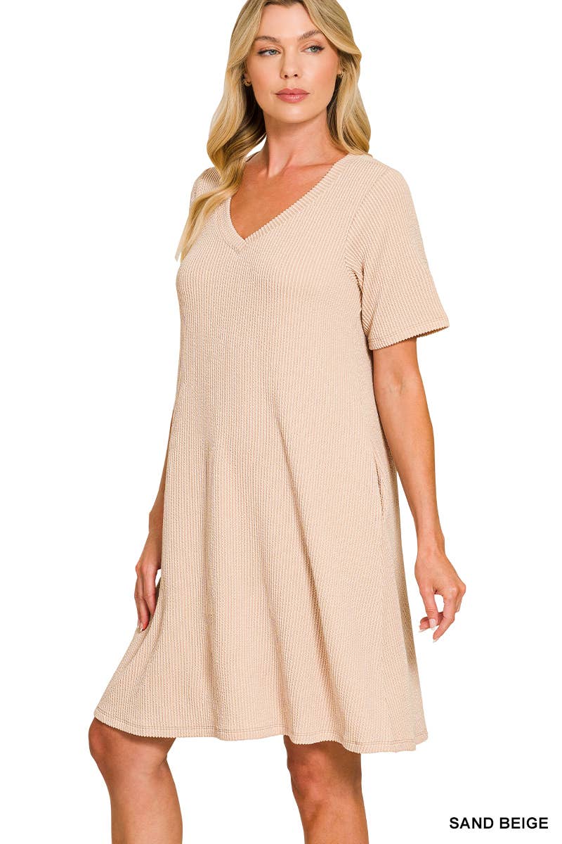 Raised Rib V Neck  A Line Dress With Side Pockets