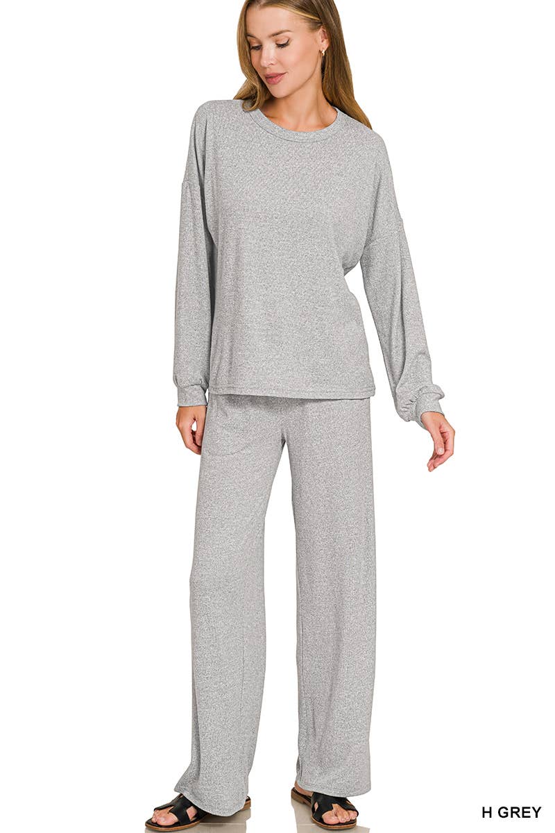 Soft Melange Hacci Long Slv Tee & Pants Set Zenana