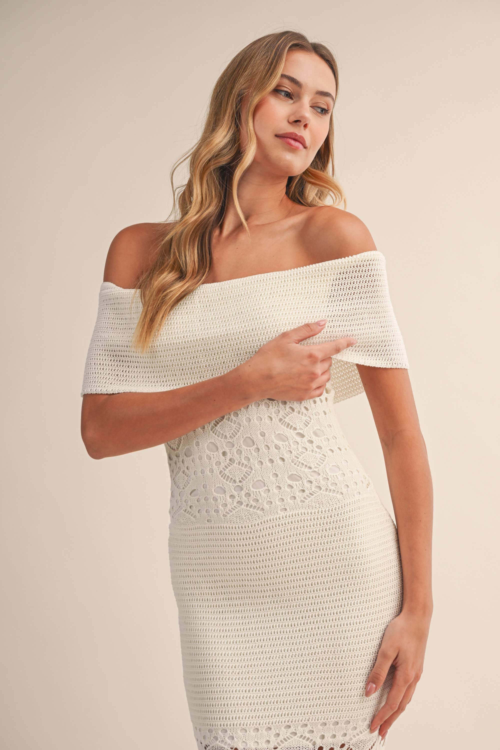 CROCHET FOLDOVER OFF SHOULDER SWEATER MAXI DRESS
