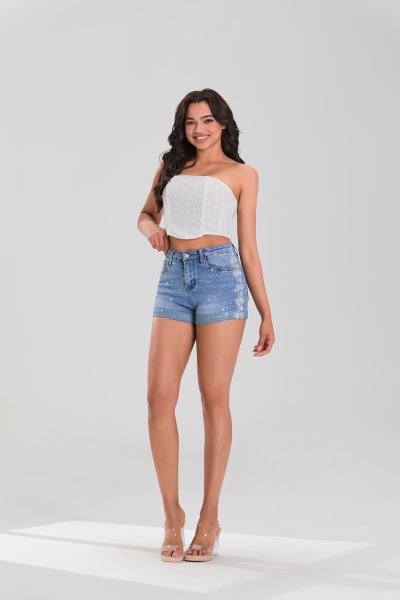 NR3745 stone and lace embellished medium blue denim shorts