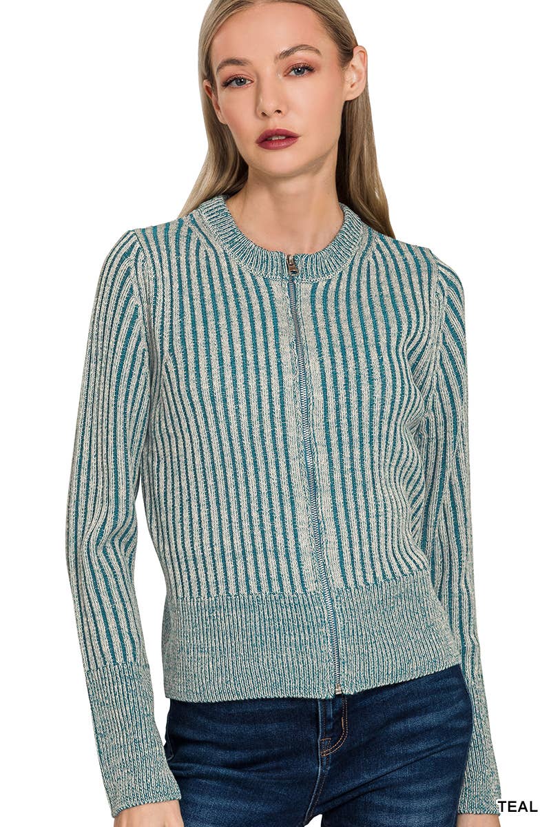 Two Tone Zip Up Sweater Cardigan - Zenana