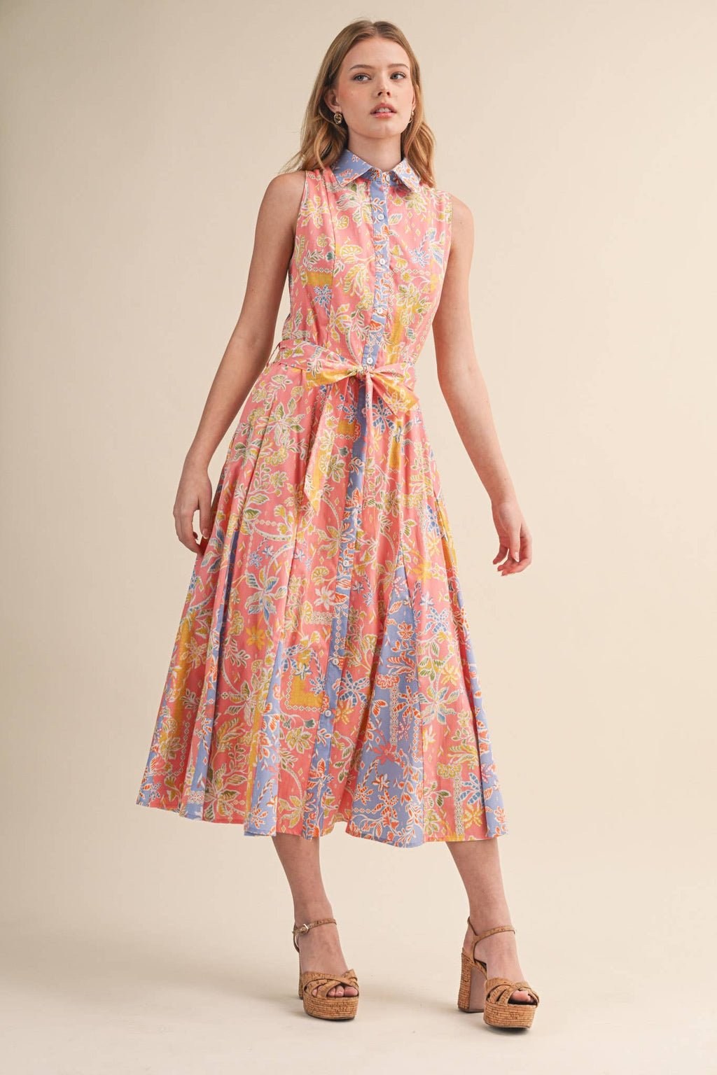 MIXED FLORAL PRINT BELTED BUTTON DOWN MIDI DRESS MDR4733