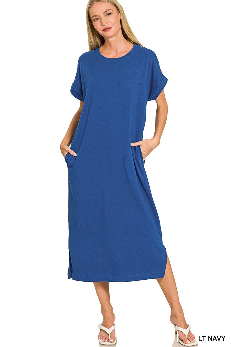 Round Neck Short Sleeve Midi Dress w/ Pockets - Zenana