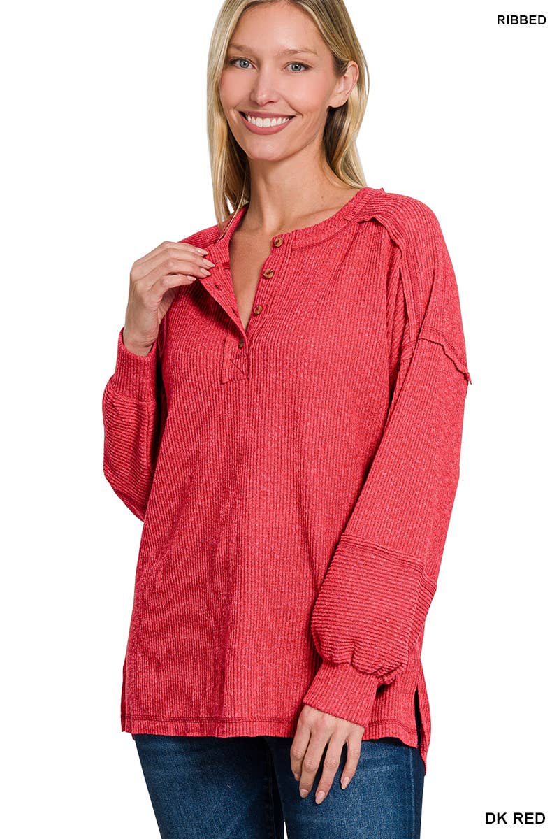 Ribbed Brushed Hacci Melange Henley Sweater