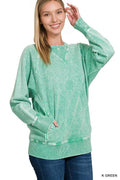 Halo Washed French Terry Raglan Sleeve Pullover W/ Pockets - Zenana