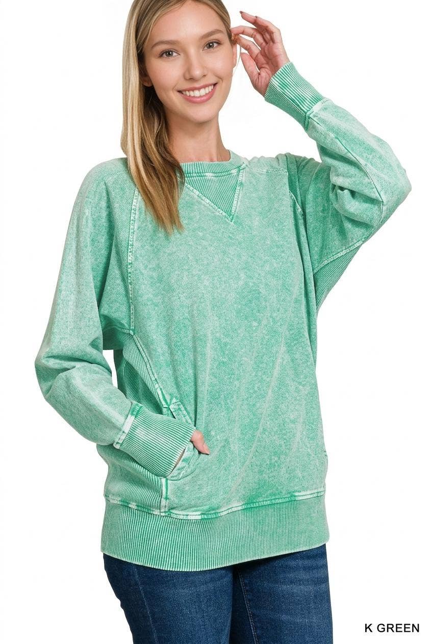 Halo Washed French Terry Raglan Sleeve Pullover W/ Pockets - Zenana