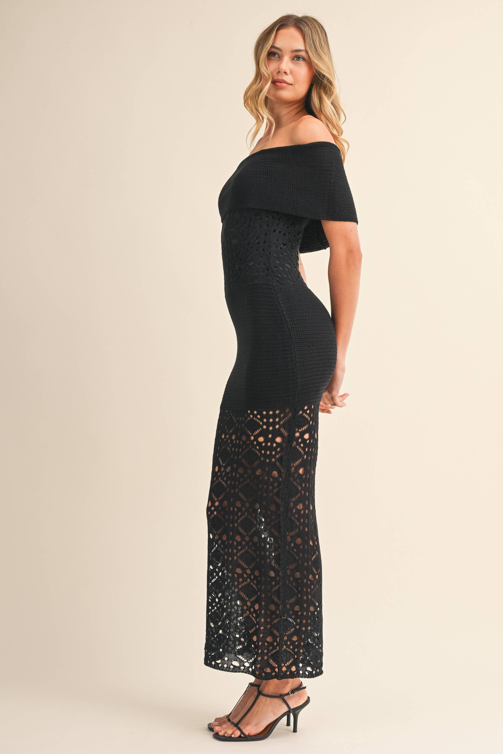 CROCHET FOLDOVER OFF SHOULDER SWEATER MAXI DRESS