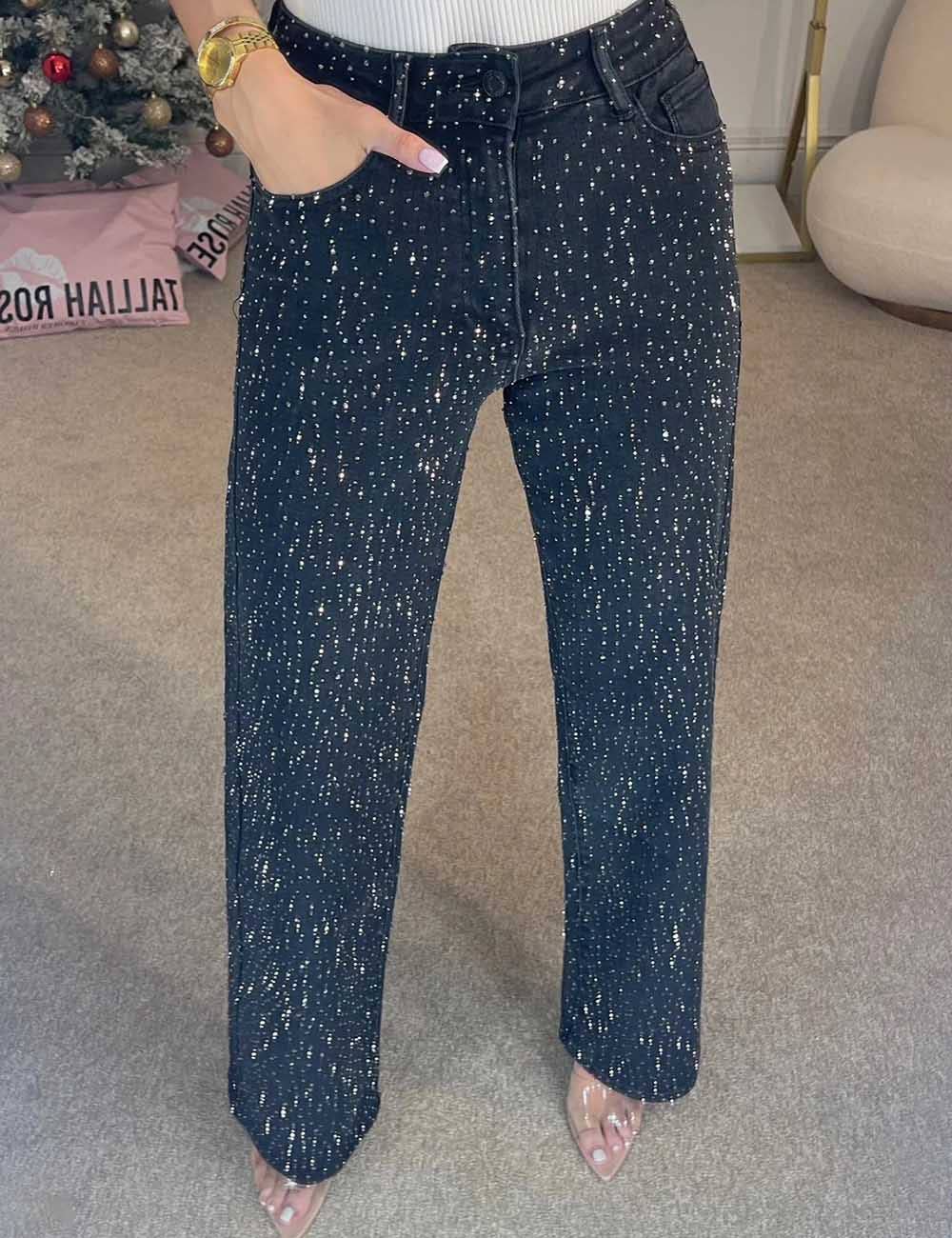 Ladies Rhinestone Button Pocket Straight Denim Pants