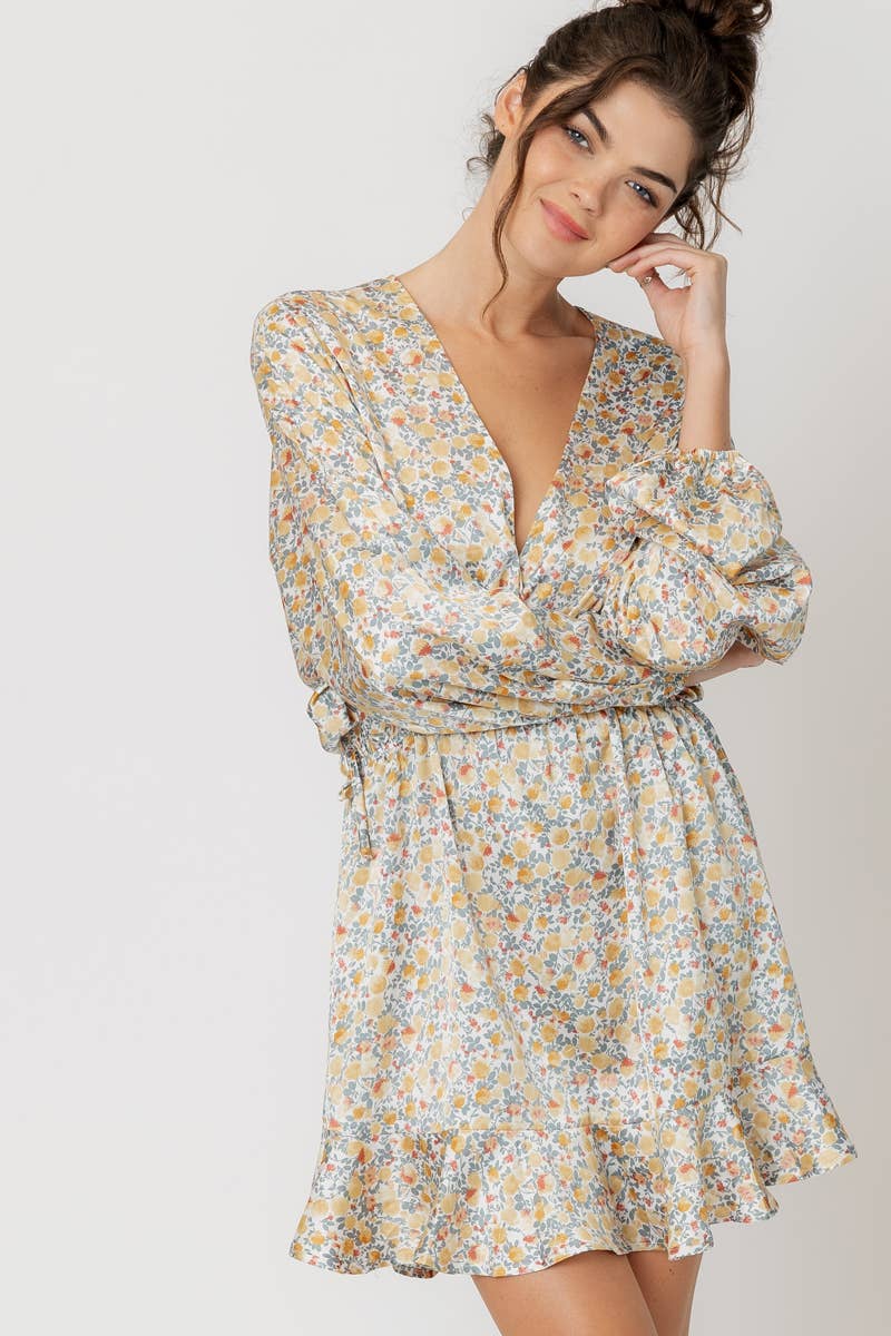 Long Sleeve V-Neck Satin Floral Mini Dress