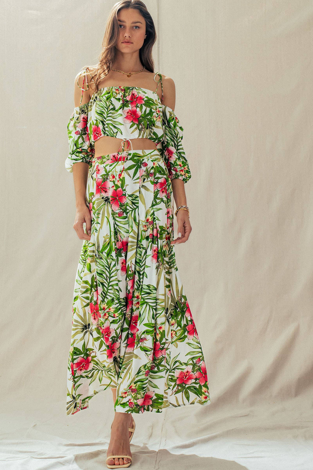 Off Shoulder Crop Top with Floral Maxi Skirt