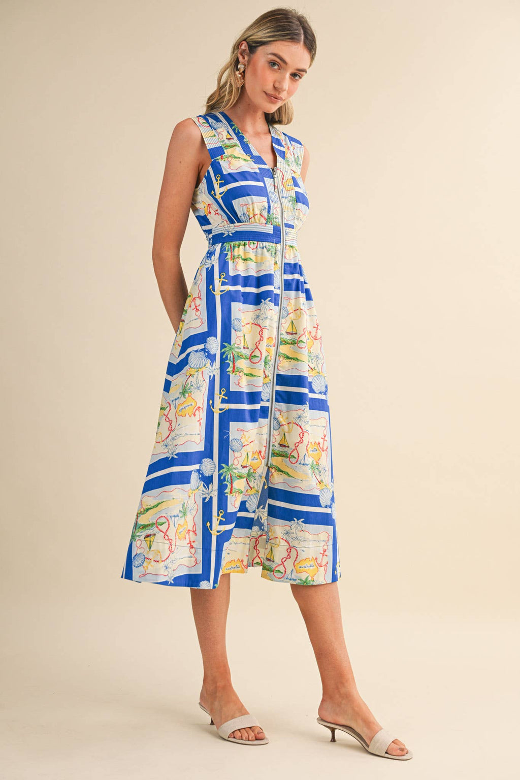 EXCLUSIVE NAUTICAL MAP PRT ZIPPER FRONT MIDI DRESS MDR5194