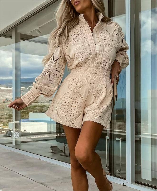 Boho long-sleeves hollow-out blouse shorts 2-piece set