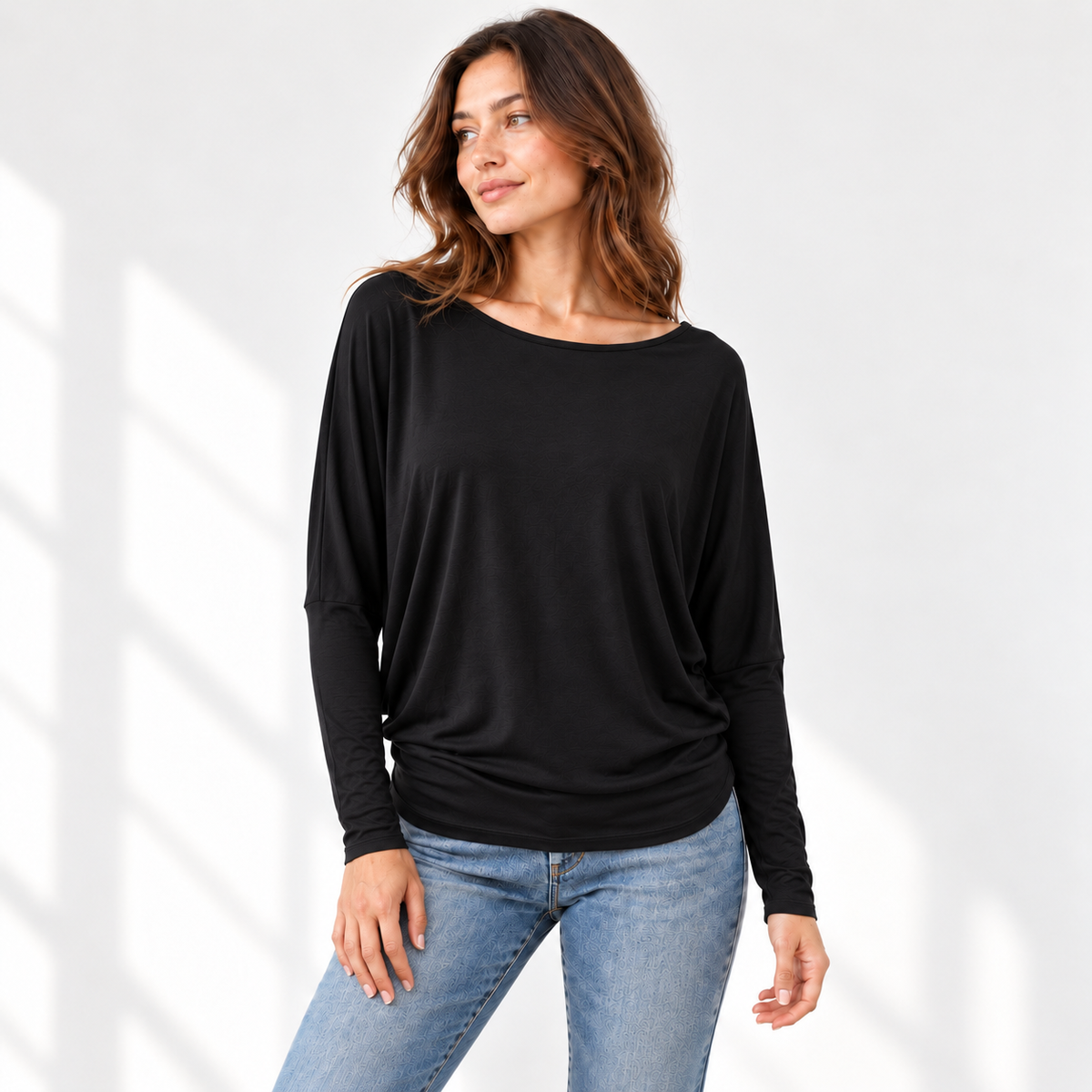 Relaxed Dolman Sleeve Top with Curved Back Hem