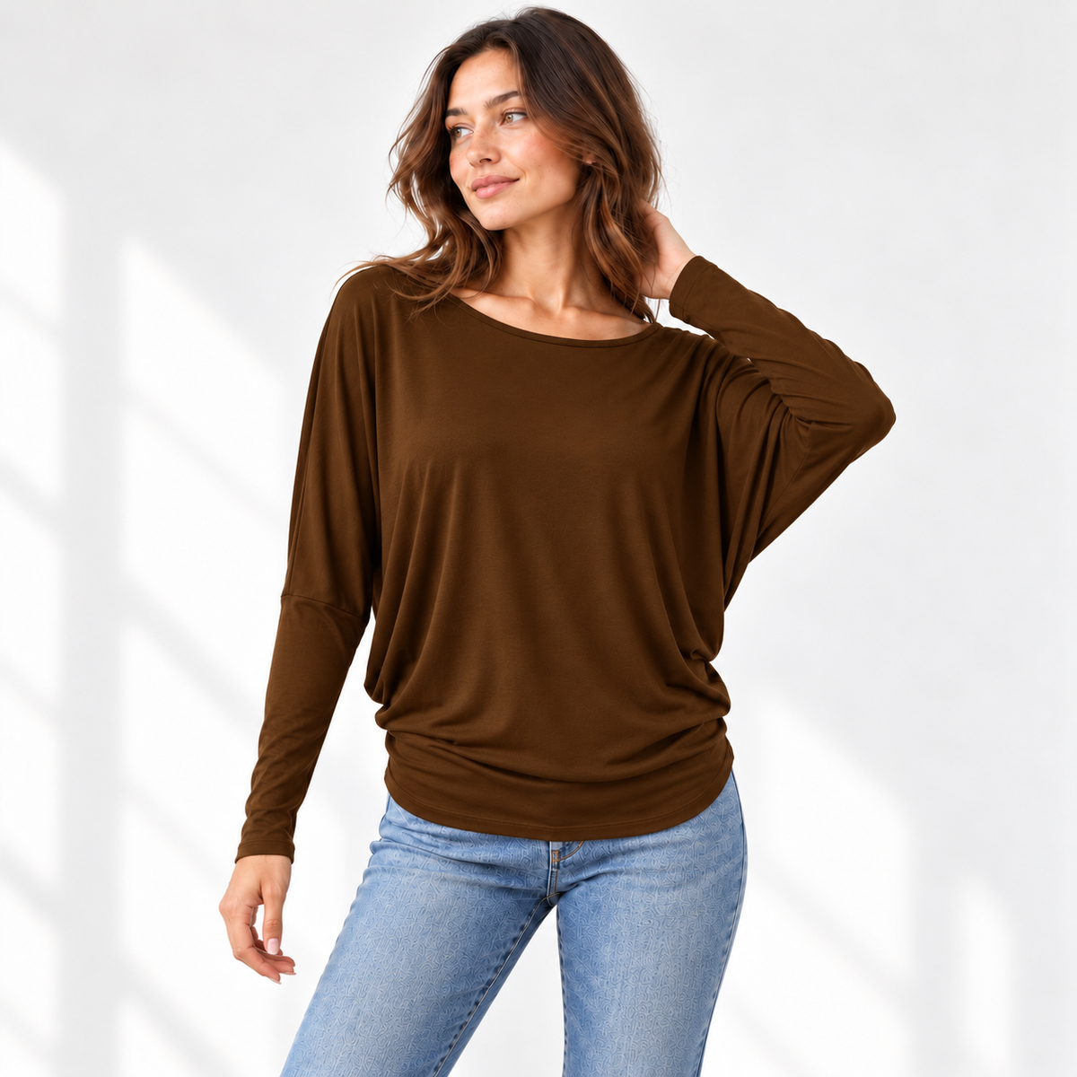 Relaxed Dolman Sleeve Top with Curved Back Hem