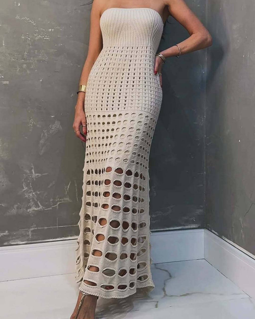 Chic Beach/Resort Strapless Crochet Maxi Dress