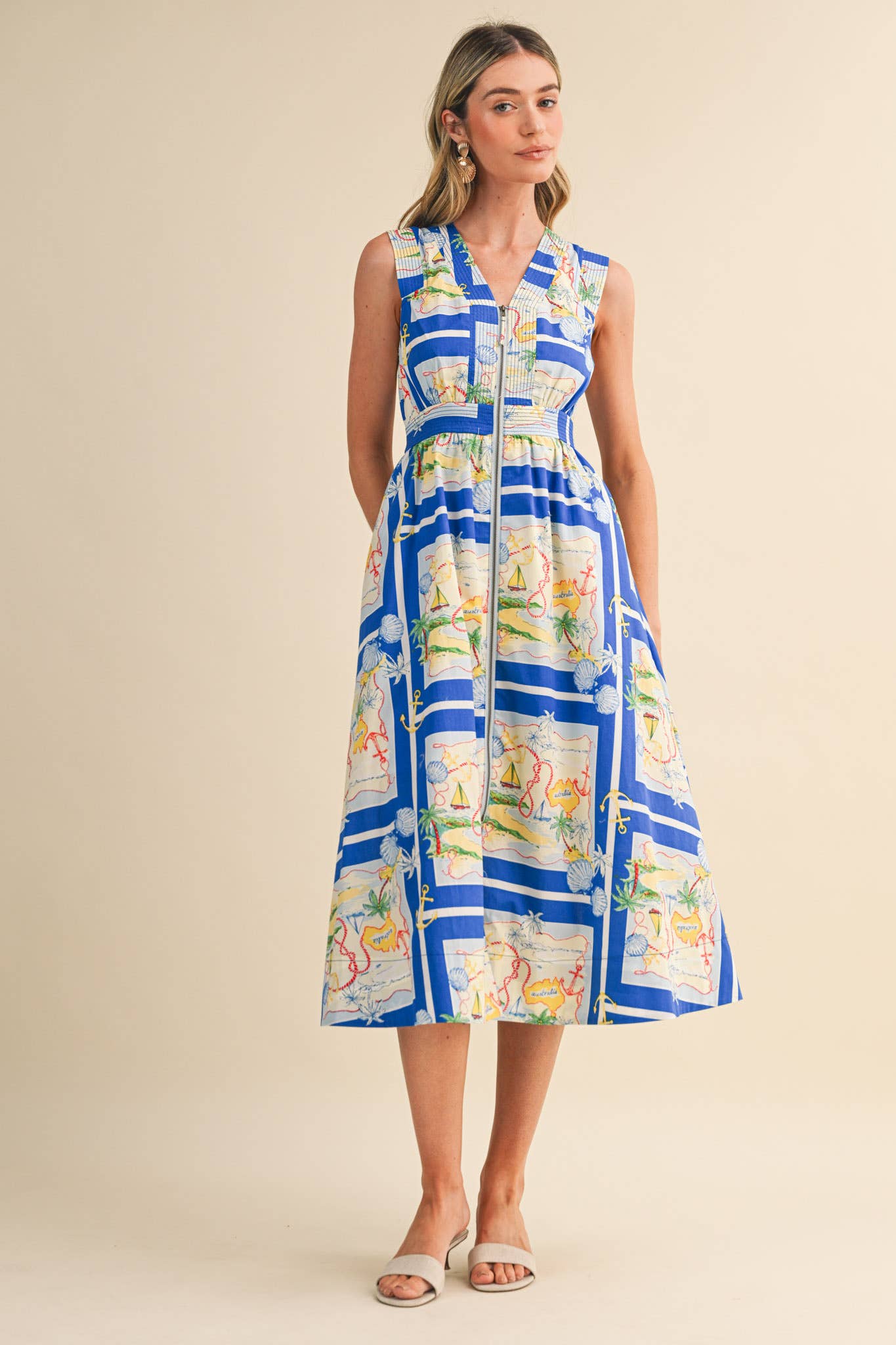 EXCLUSIVE NAUTICAL MAP PRT ZIPPER FRONT MIDI DRESS MDR5194