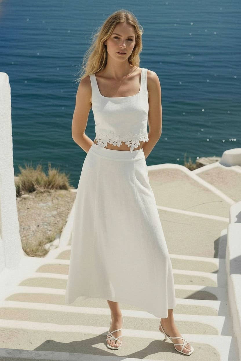 FLOWER EMROIDERED CROP TOP AND MIDI SKIRT