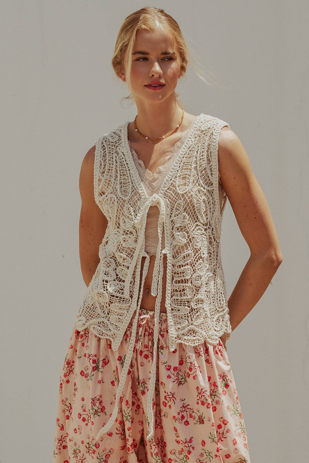 Open-Work Crochet Tie-Front Vest Top