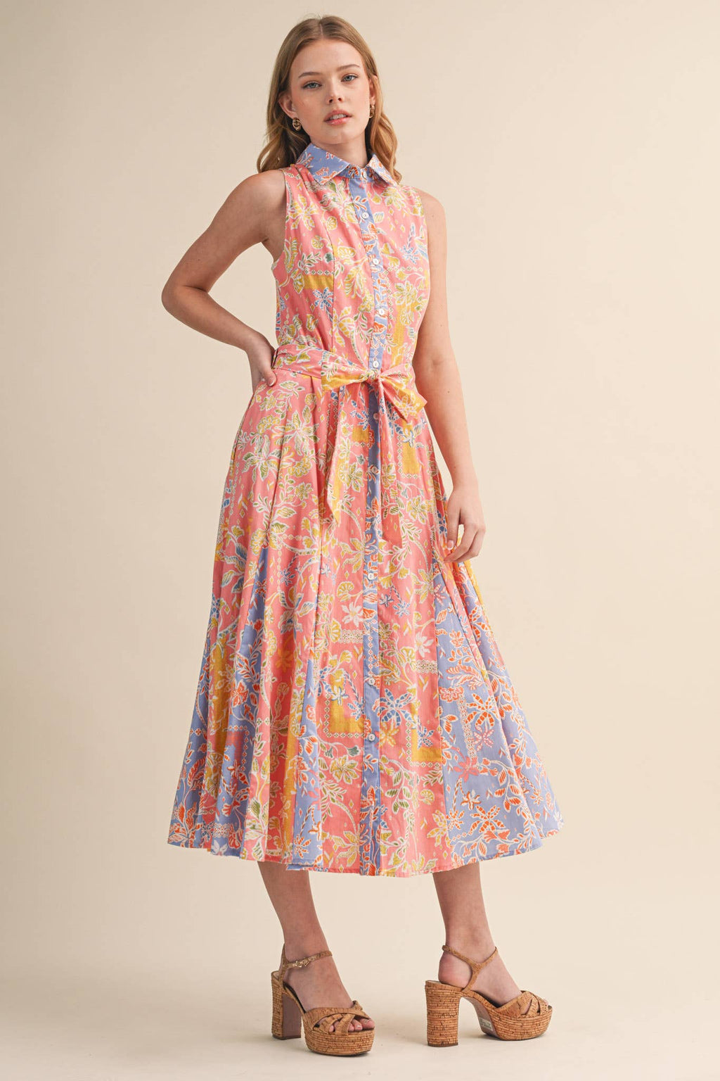 MIXED FLORAL PRINT BELTED BUTTON DOWN MIDI DRESS MDR4733