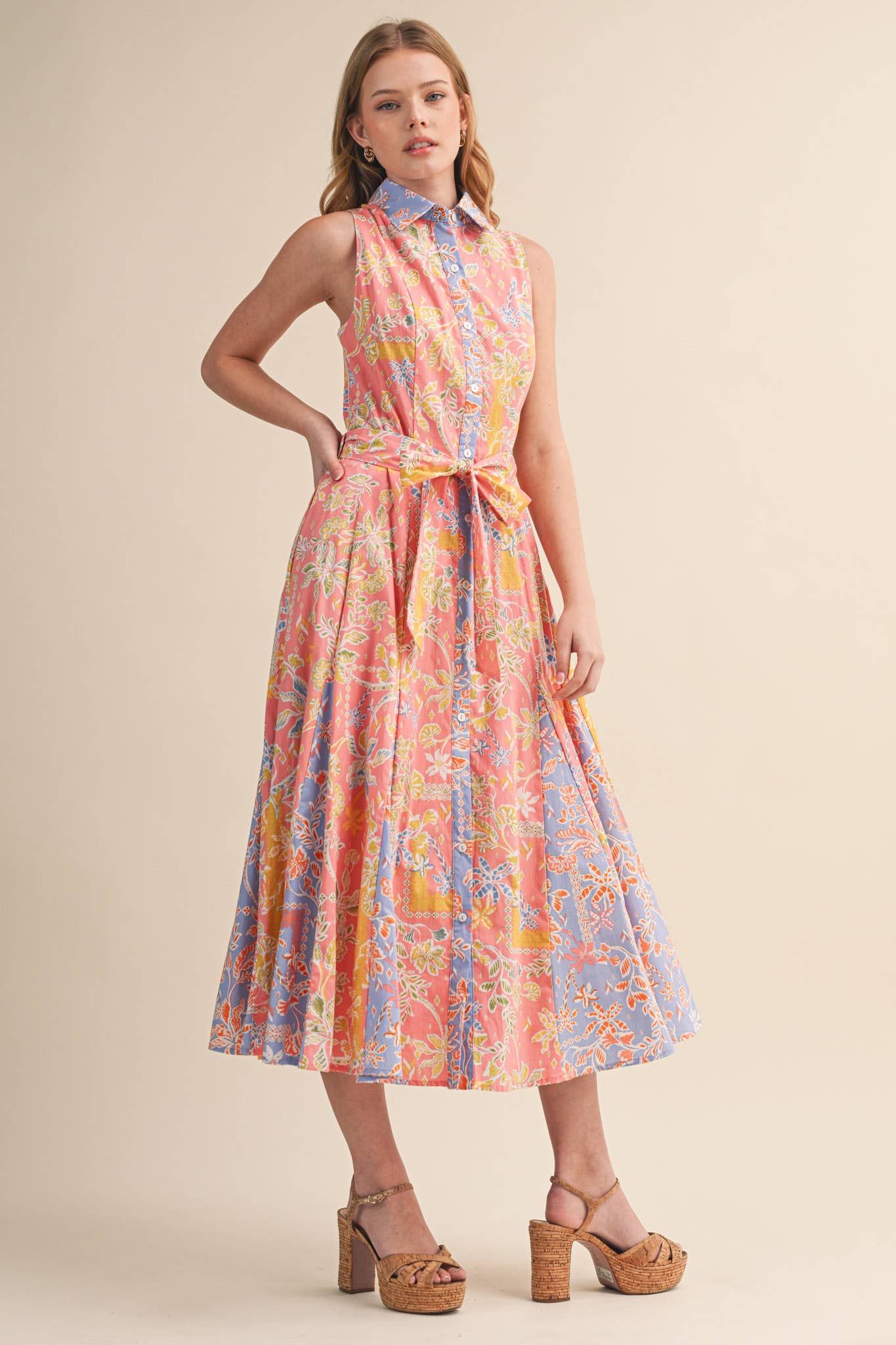 MIXED FLORAL PRINT BELTED BUTTON DOWN MIDI DRESS MDR4733