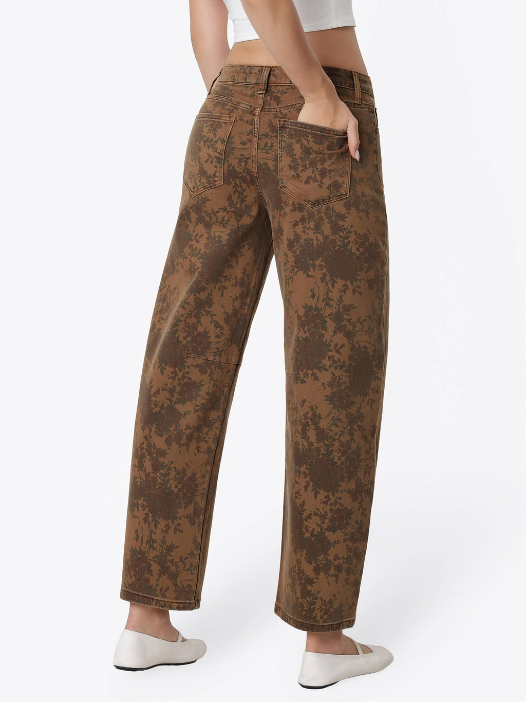 HIGH RISE BROWN FLORAL PRINT BARREL JEANS T7587BRN