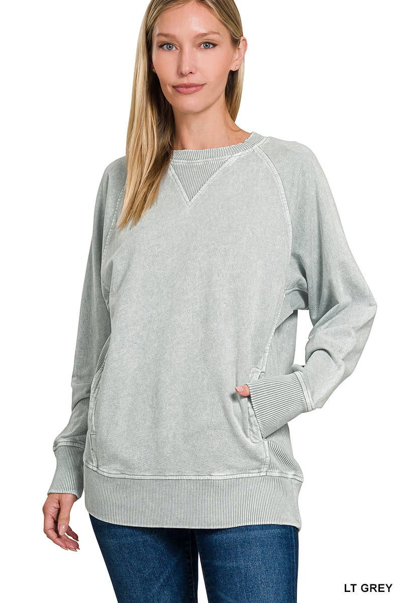 Halo Washed French Terry Raglan Sleeve Pullover W/ Pockets - Zenana
