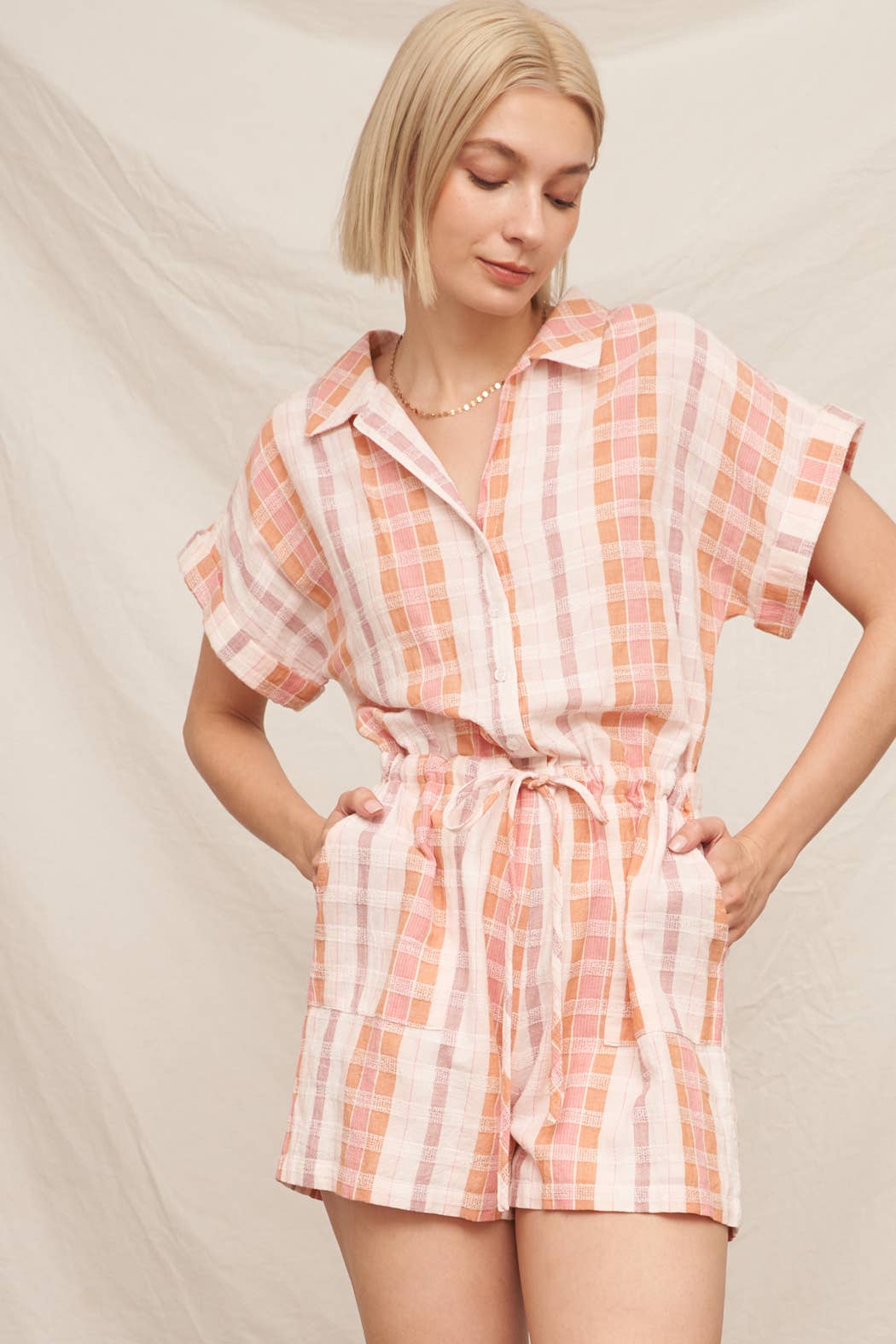 Short Sleeve Plaid Drawstring Waist Romper