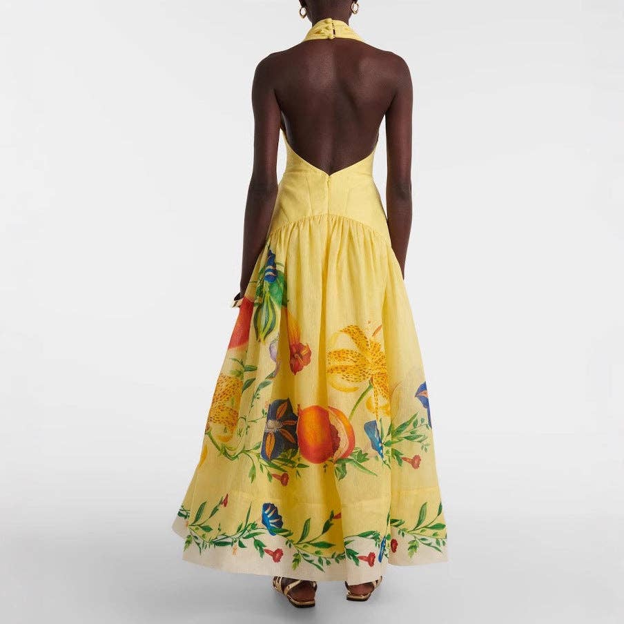 Floral Print Backless Maxi Dress for Women