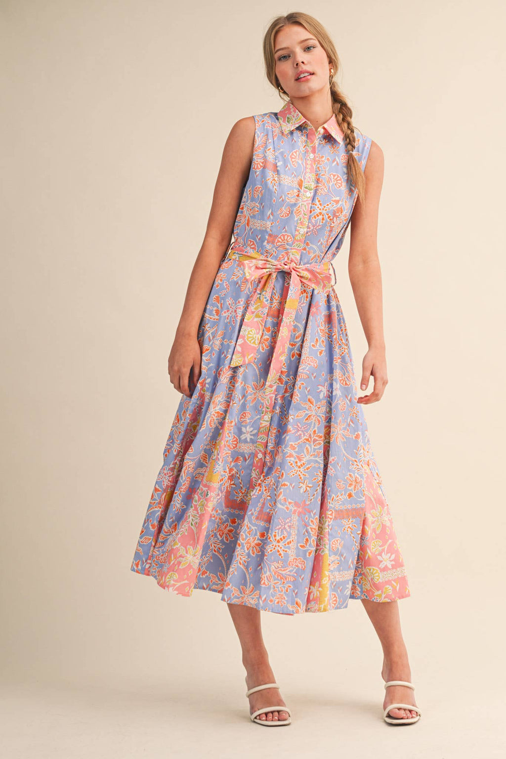 MIXED FLORAL PRINT BELTED BUTTON DOWN MIDI DRESS MDR4733