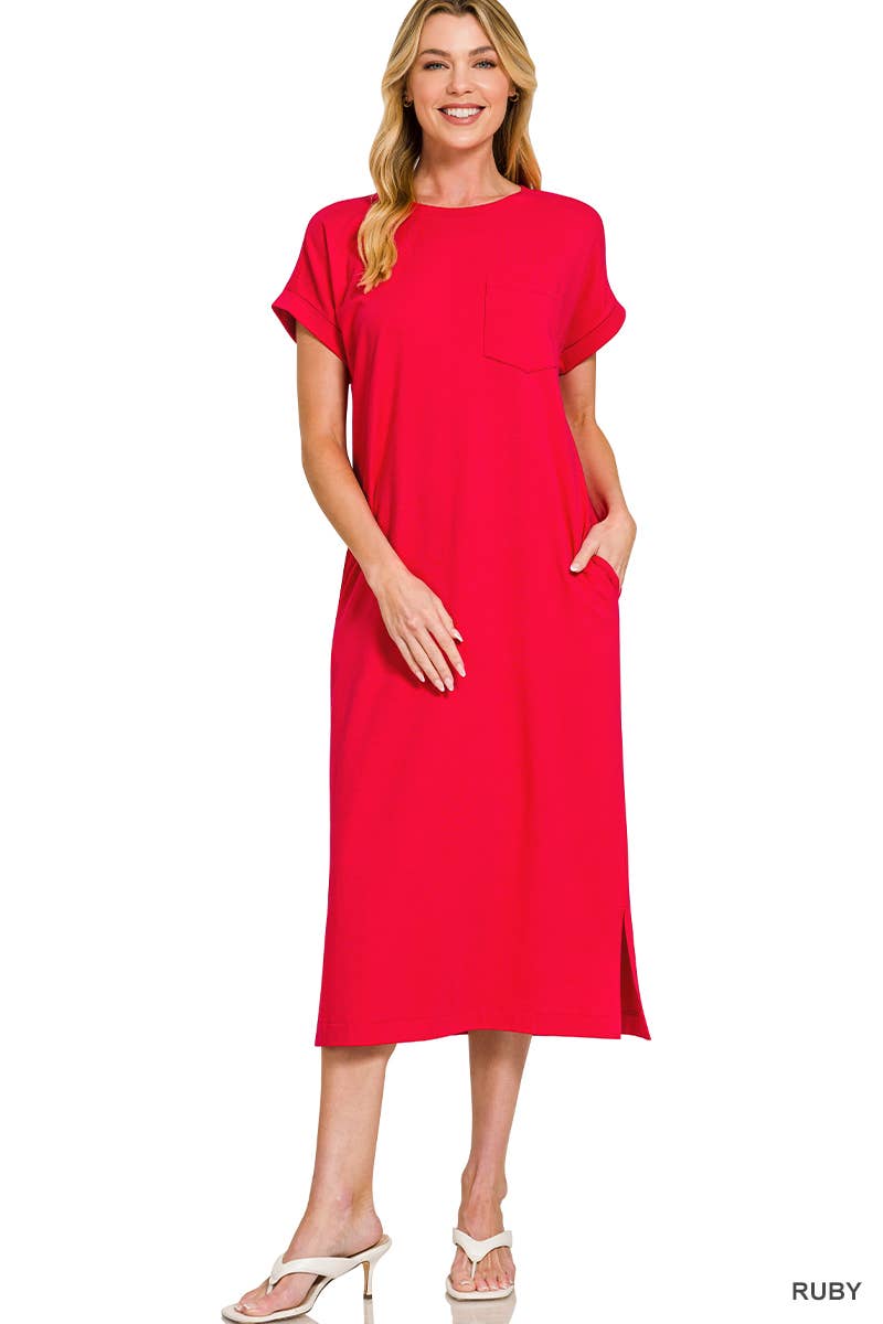 Round Neck Short Sleeve Midi Dress w/ Pockets - Zenana
