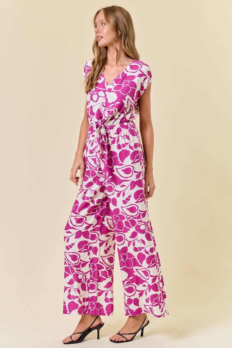 Floral Print V-Neck Wide Leg Front Tie Jumpsuit