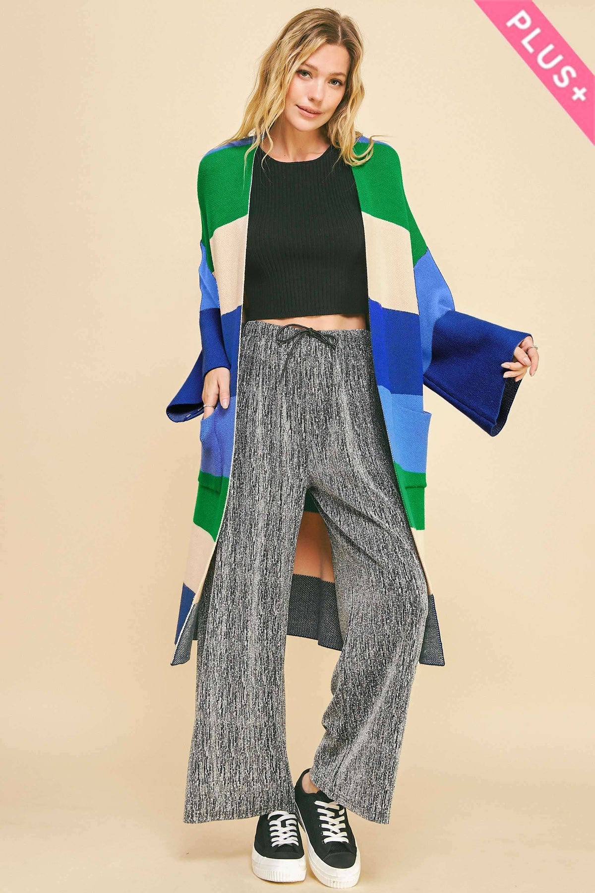 Plus - Multi Stripe Kimono Sleeve Longline Open Cardigan