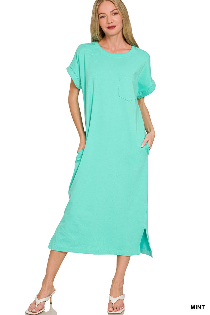 Round Neck Short Sleeve Midi Dress w/ Pockets - Zenana