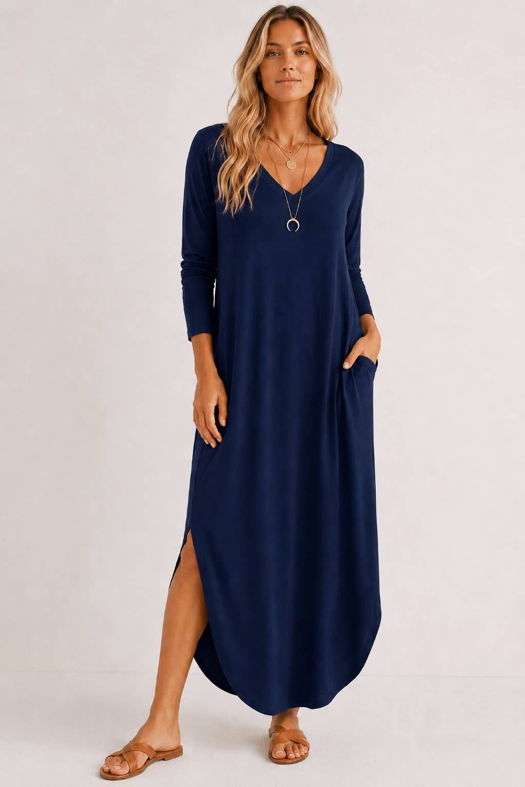 Long Sleeve V Neck Maxi Dress with Pockets, Side Slits