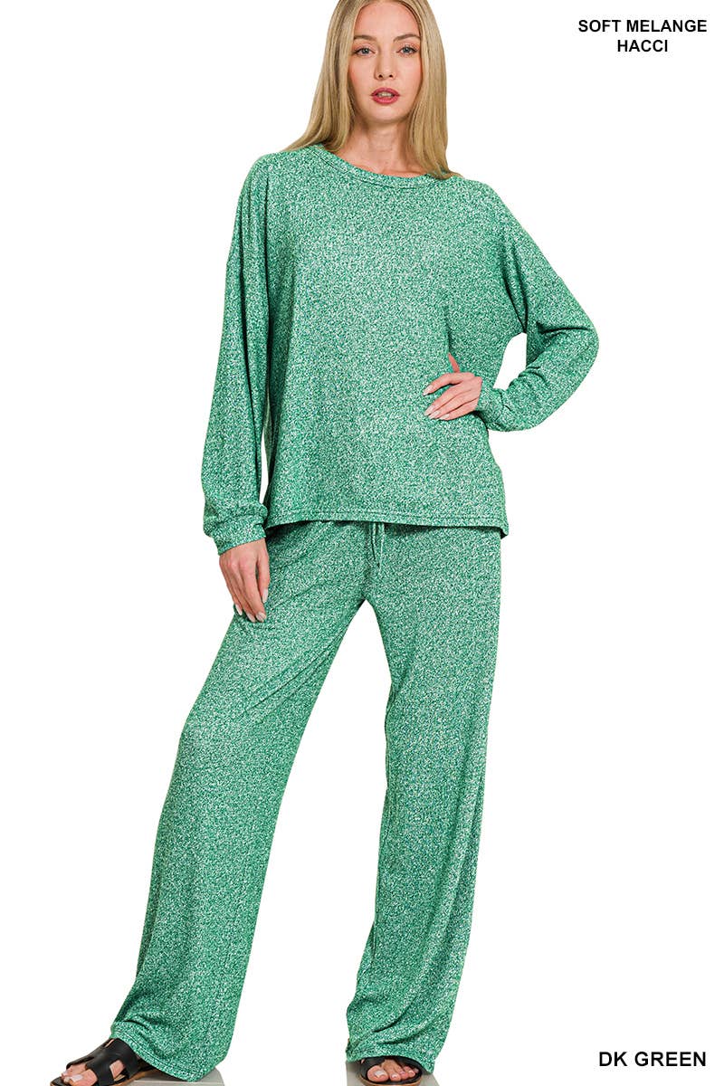 Soft Melange Hacci Long Slv Tee & Pants Set Zenana