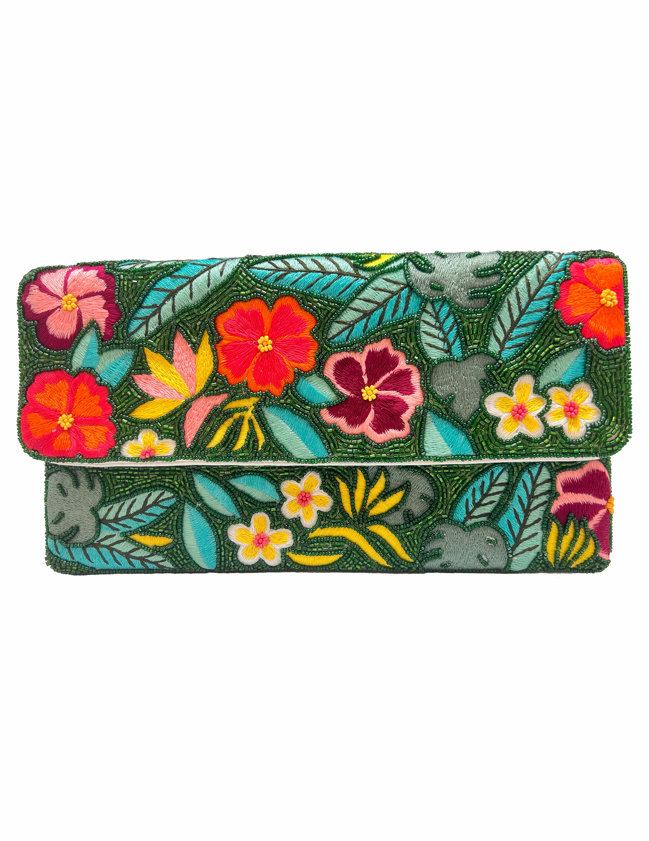TROPICAL FLORAL GREEN BEADED CLUTCH