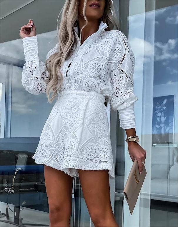Boho long-sleeves hollow-out blouse shorts 2-piece set
