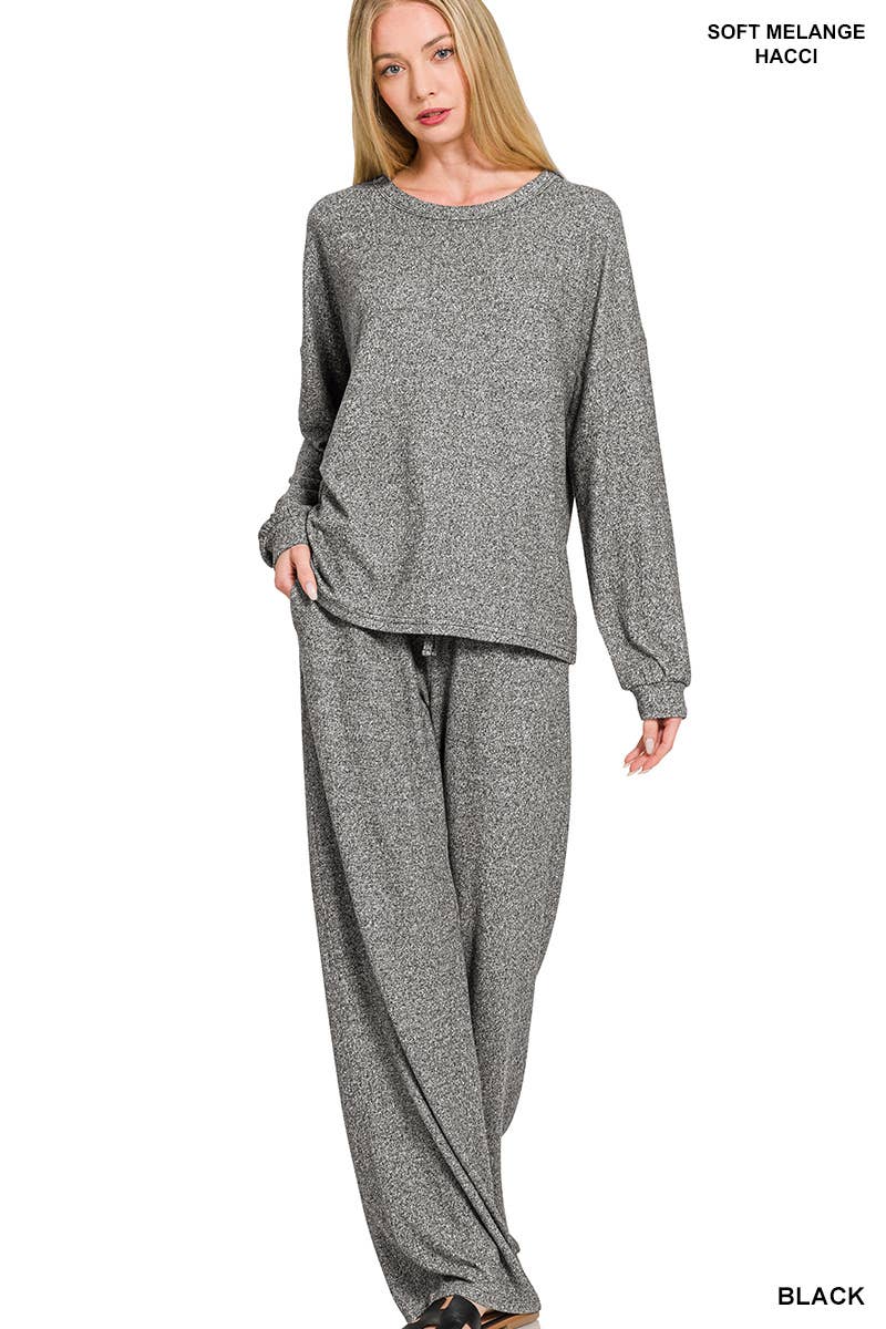 Soft Melange Hacci Long Slv Tee & Pants Set Zenana