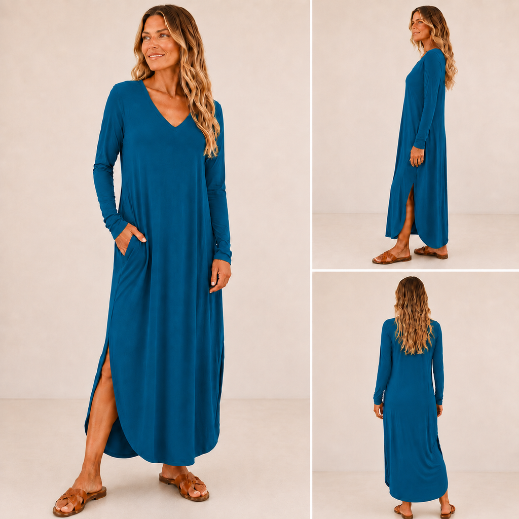 Long Sleeve V Neck Maxi Dress with Pockets, Side Slits