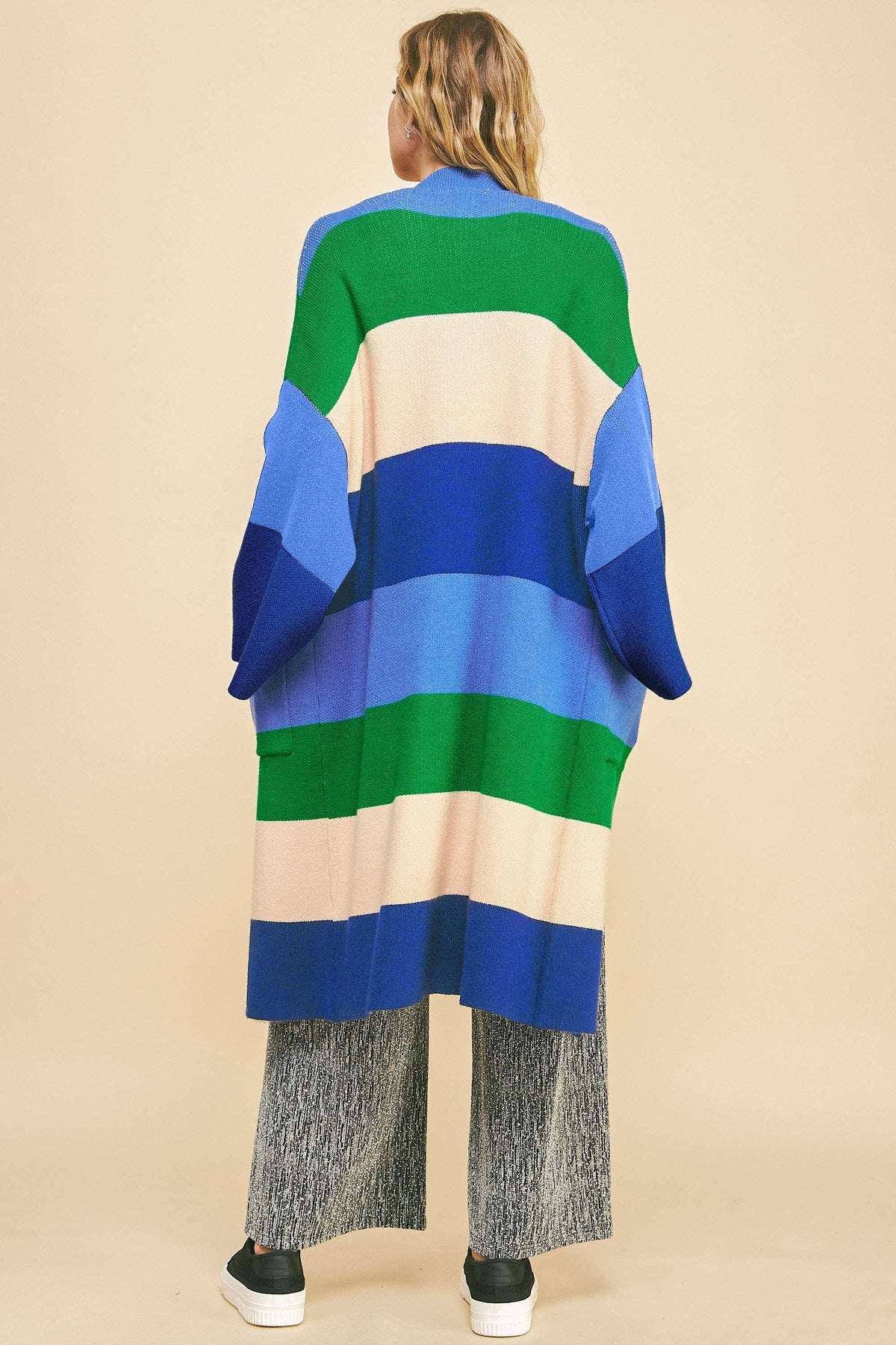Plus - Multi Stripe Kimono Sleeve Longline Open Cardigan