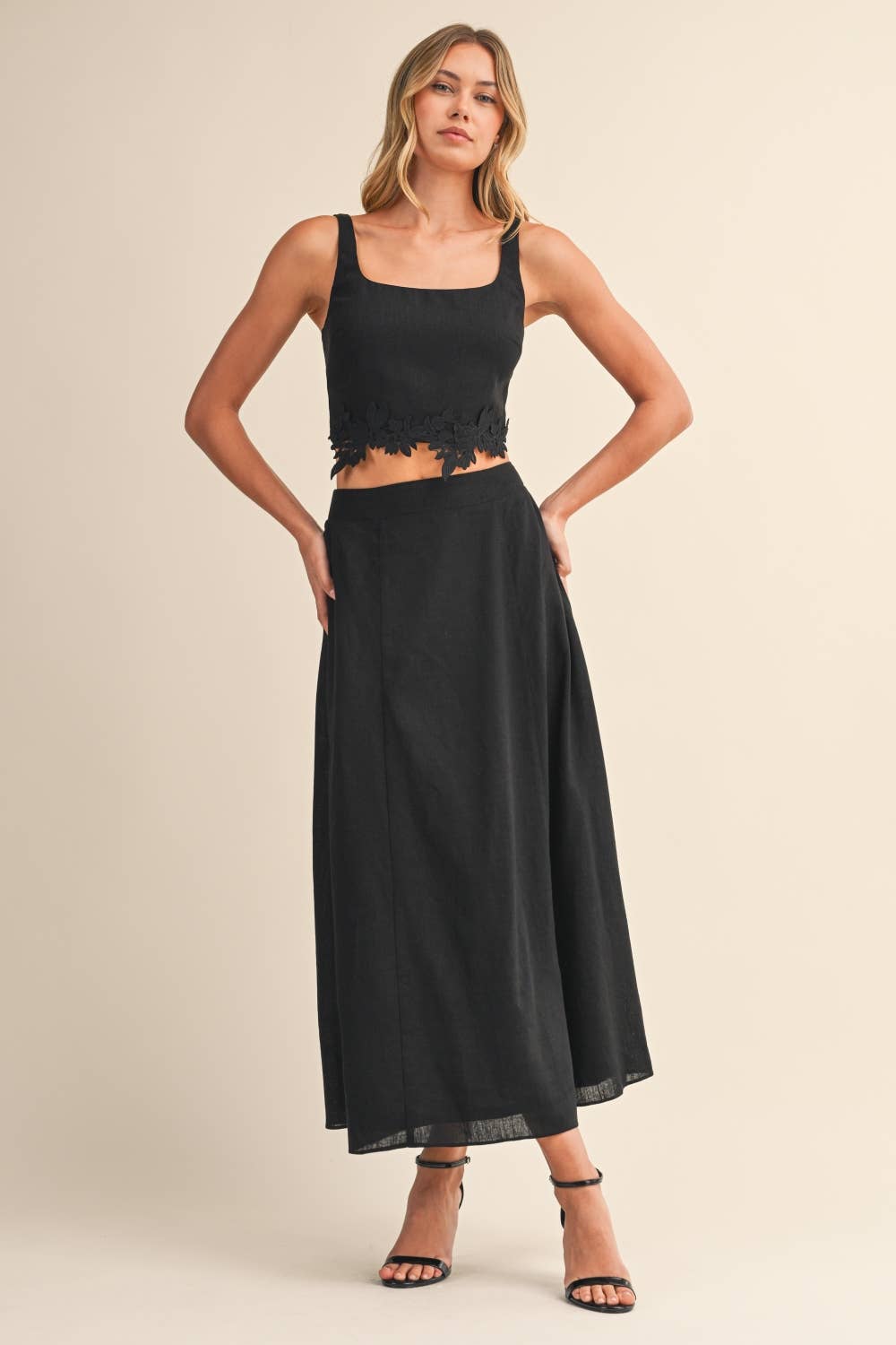 FLOWER EMROIDERED CROP TOP AND MIDI SKIRT