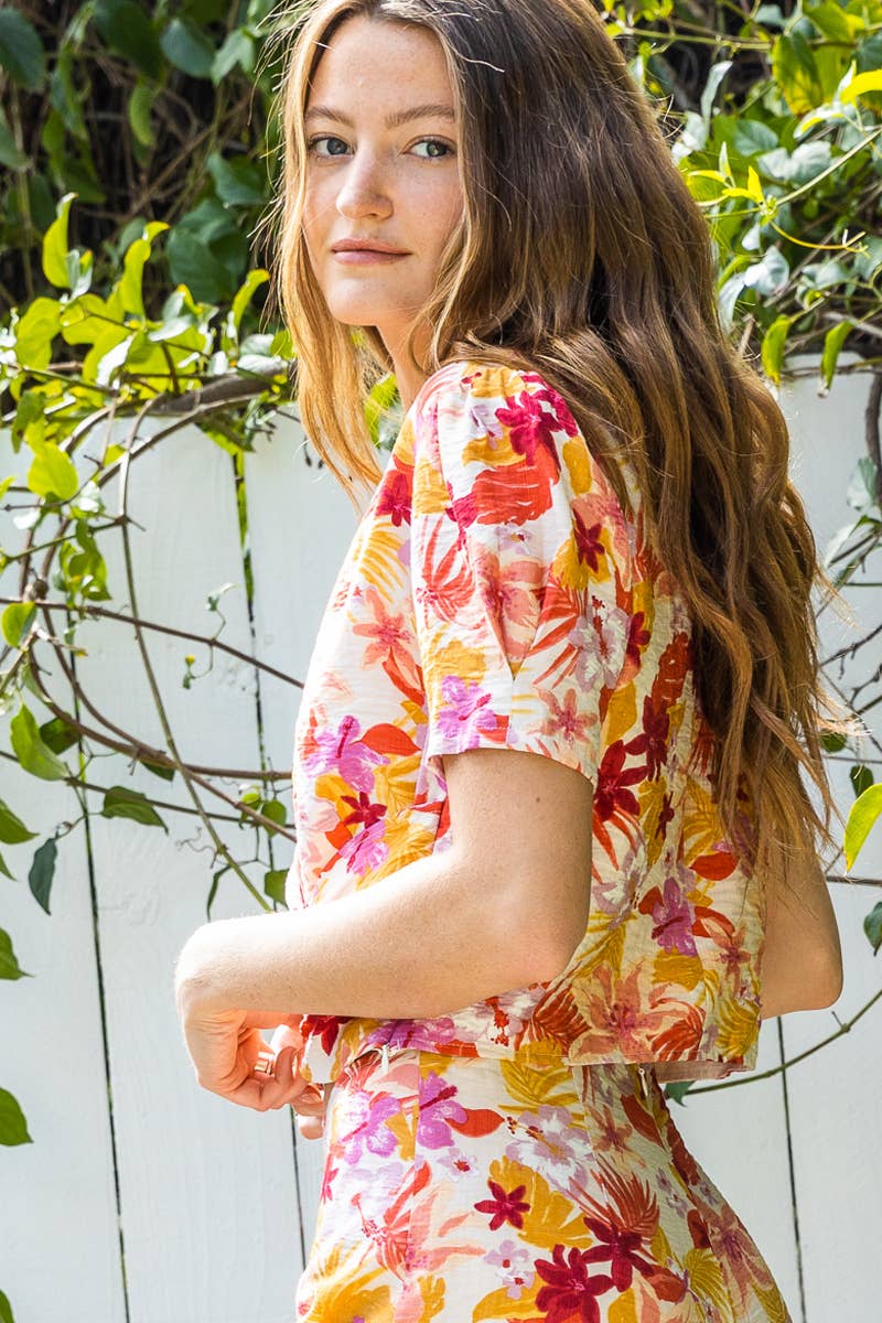 Tropical Print Wrap V Neck Top