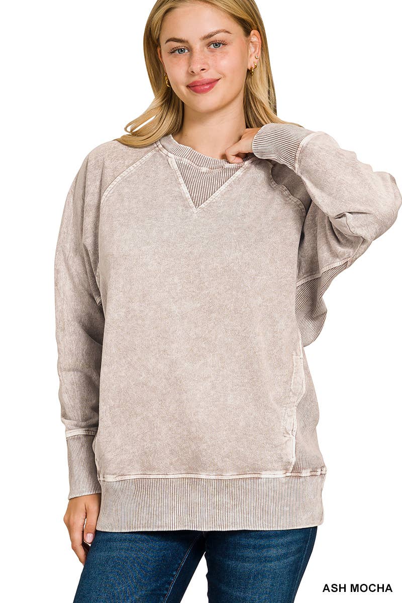 Halo Washed French Terry Raglan Sleeve Pullover W/ Pockets - Zenana