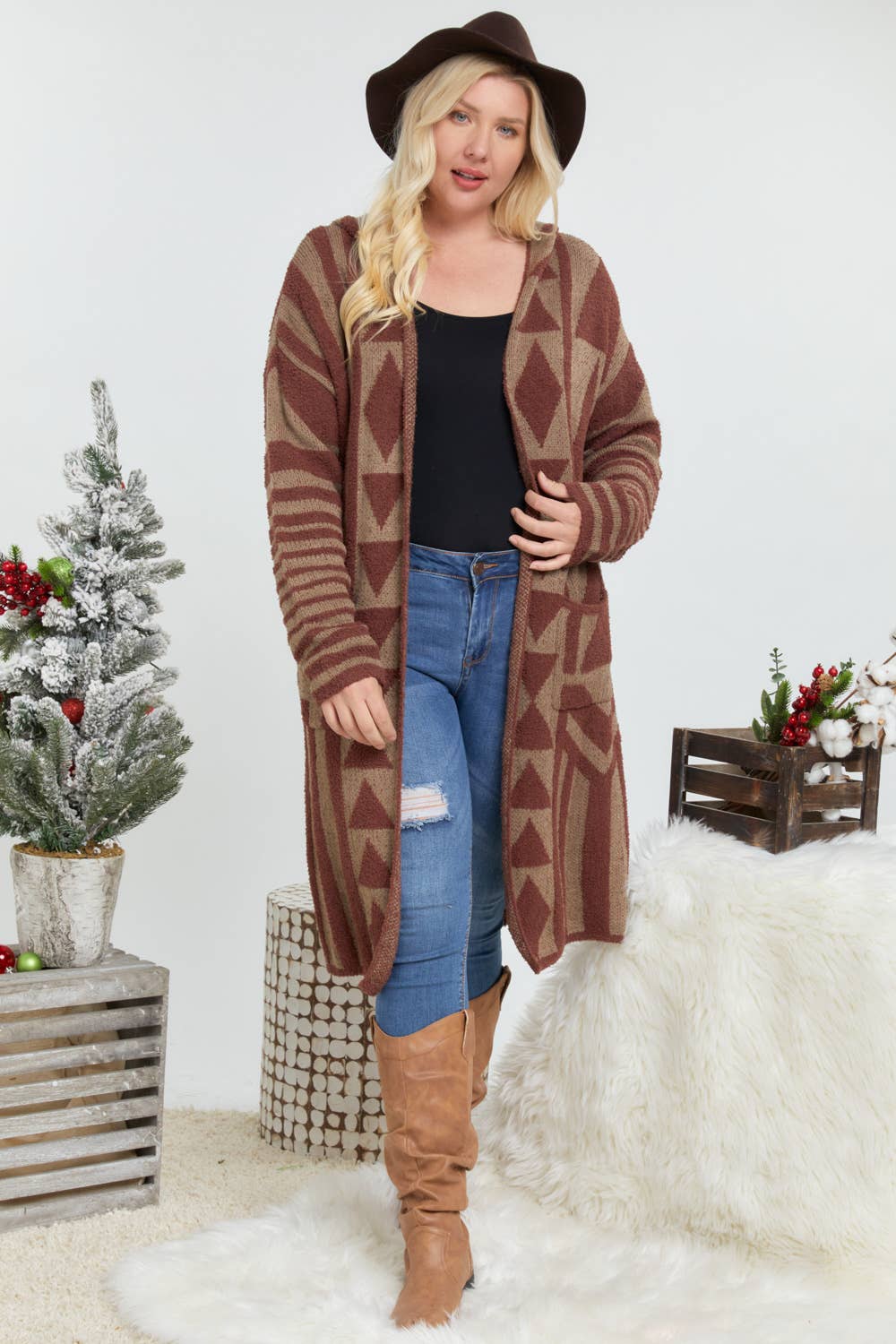 Plus - Aztec Pattern Knit Longline Hooded Cardigan