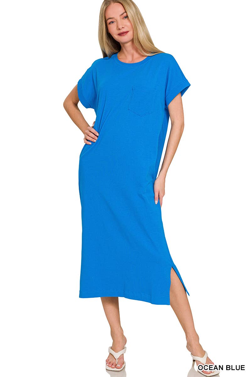 Round Neck Short Sleeve Midi Dress w/ Pockets - Zenana