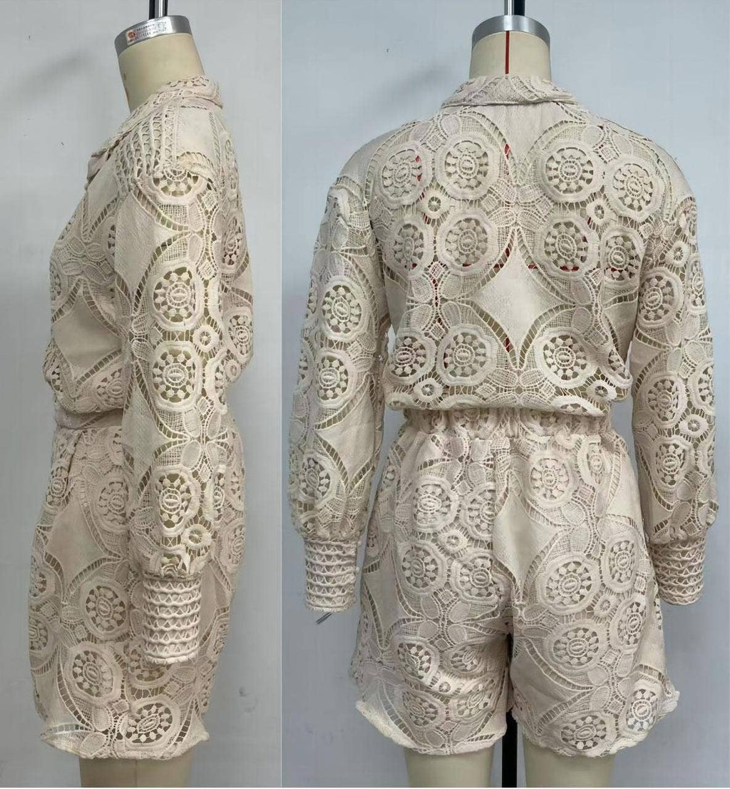 Boho long-sleeves hollow-out blouse shorts 2-piece set